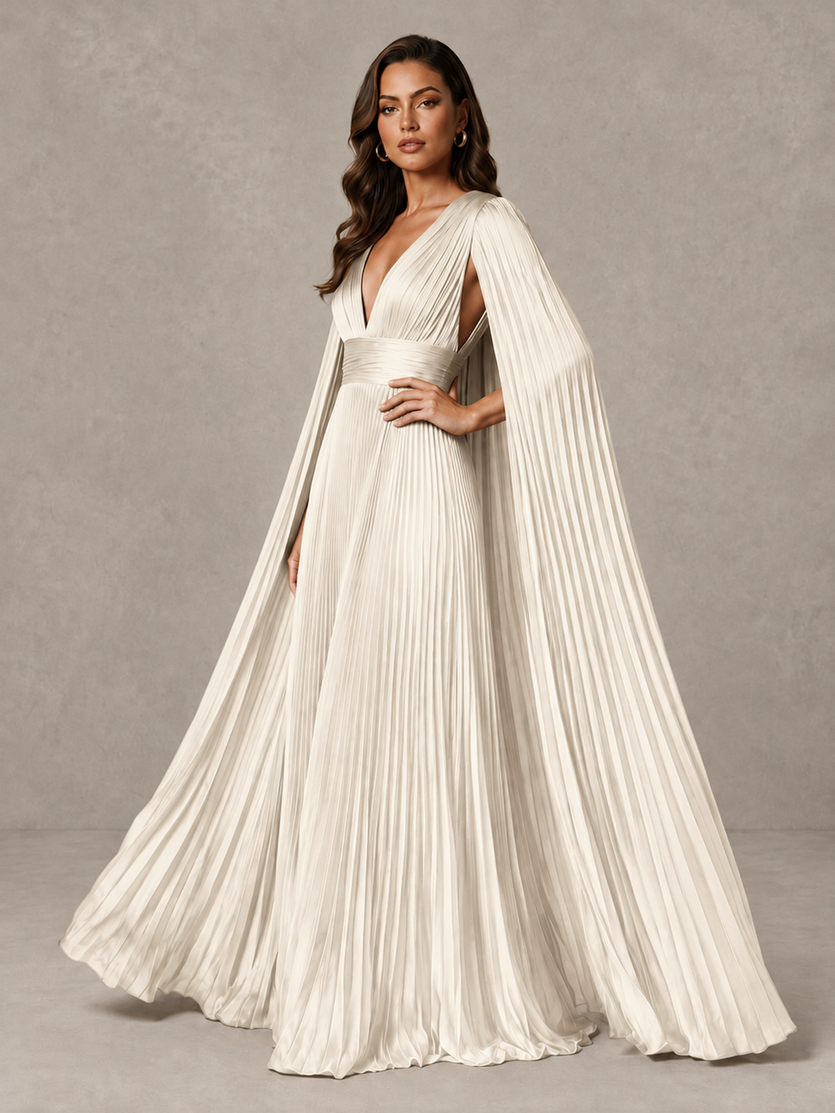 BOLODOO Ivory Deep V-Neck Pleated Cape Sleeve Evening Gown - Ivory - Ivory_4