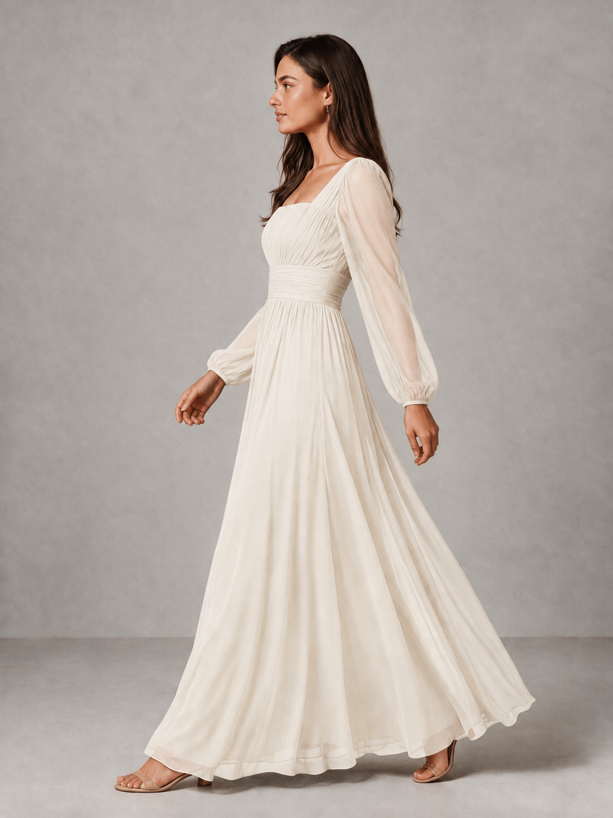BOLODOO Ivory Square Neck Long Sleeve Chiffon Bridesmaid Dress - Ivory - Ivory_4