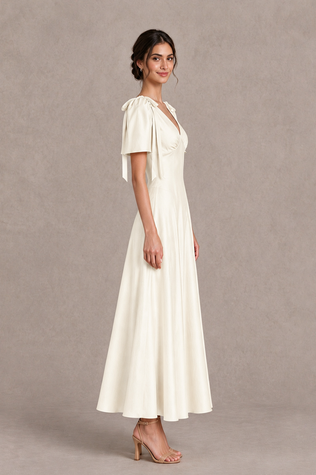 BOLODOO Ivory V-Neck Short Sleeve Satin-Look Bridesmaid Dress with Shoulder Bows - Ivory - Ivory_4