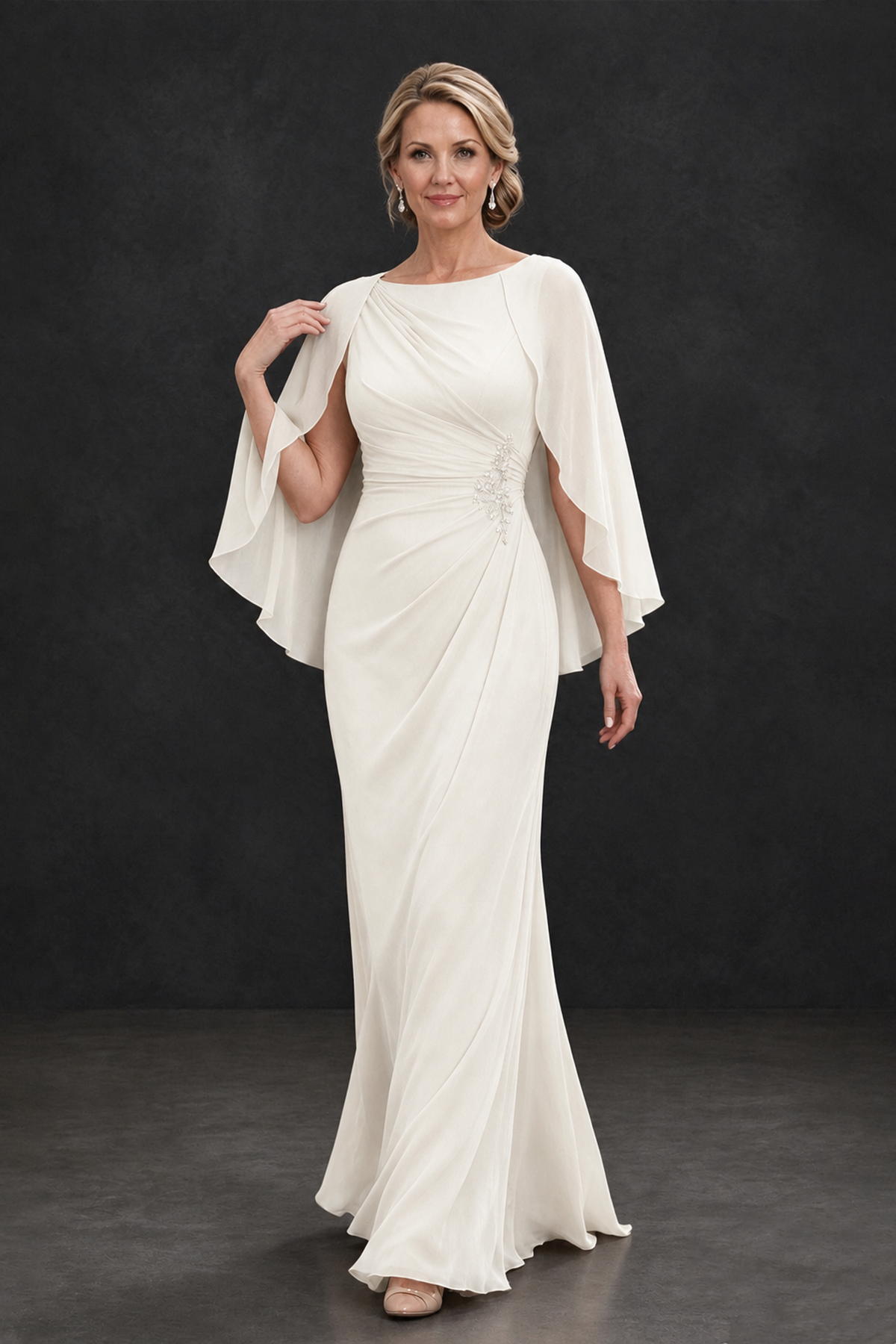 BOLODOO Ivory Cape Sleeve Mother of the Bride Dress with Ruched Waist - Ivory - Ivory_4