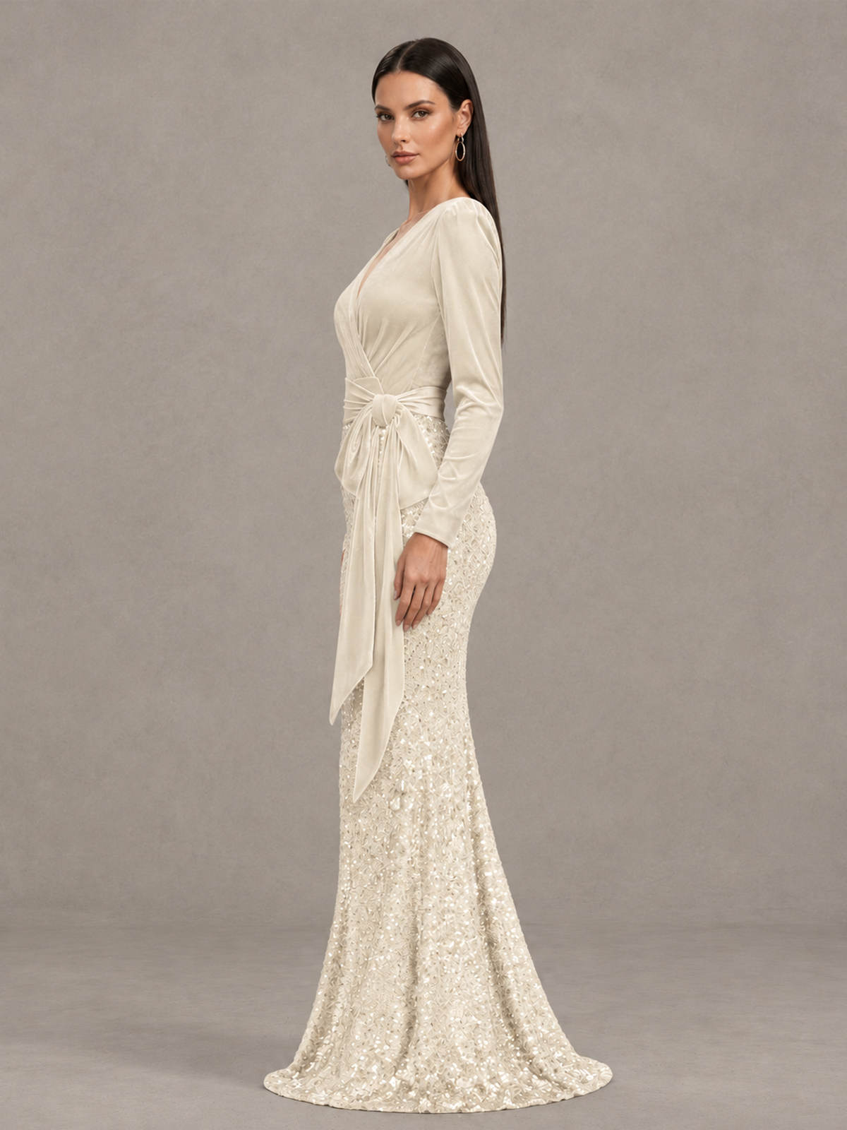 BOLODOO Ivory Velvet & Sequin Long Sleeve V-Neck Mermaid Evening Gown - Ivory - Ivory_4