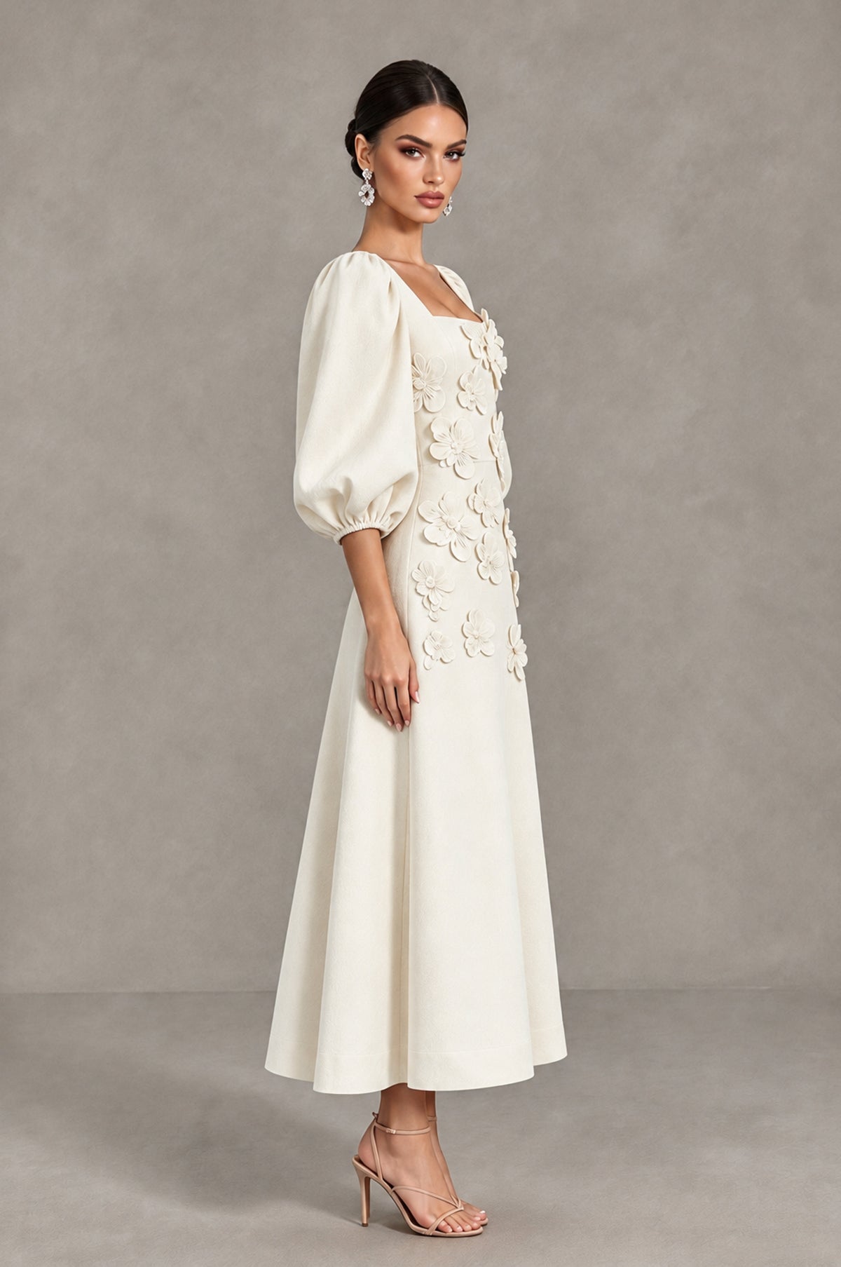 BOLODOO Ivory 3D Floral Puff Sleeve Midi Cocktail Dress - Ivory - Ivory_4
