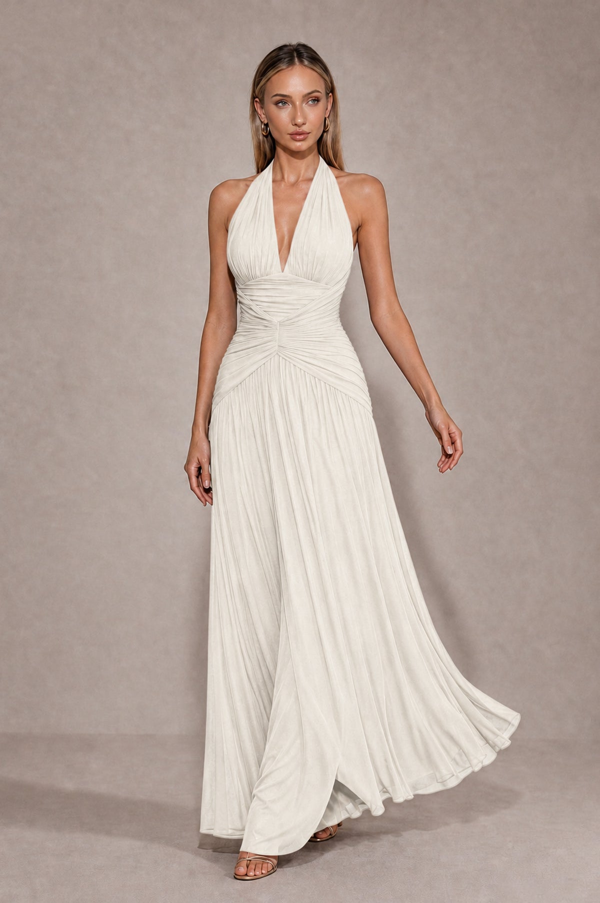 BOLODOO Ivory Chiffon Halter Deep V-Neck Ruched A-Line Backless Maxi Dress with Train-BD0167 - Ivory - Ivory_4