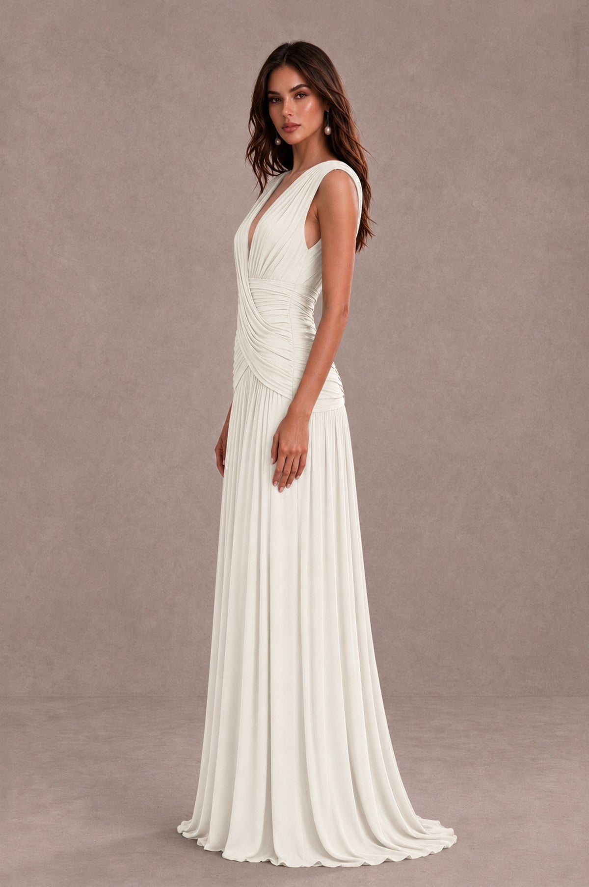 BOLODOO Ivory V-Neck Ruched Wedding Guest Dress - Ivory - Ivory_4
