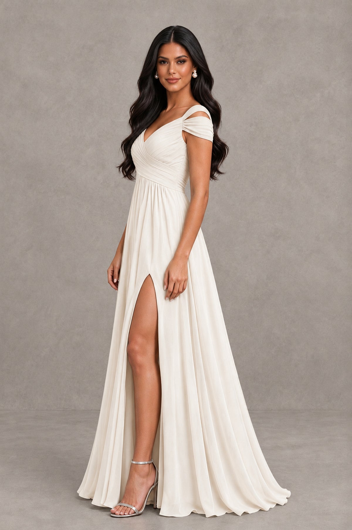 BOLODOO Ivory Cold Shoulder Chiffon Evening Dress with V Neck and High Slit - Ivory - Ivory_4
