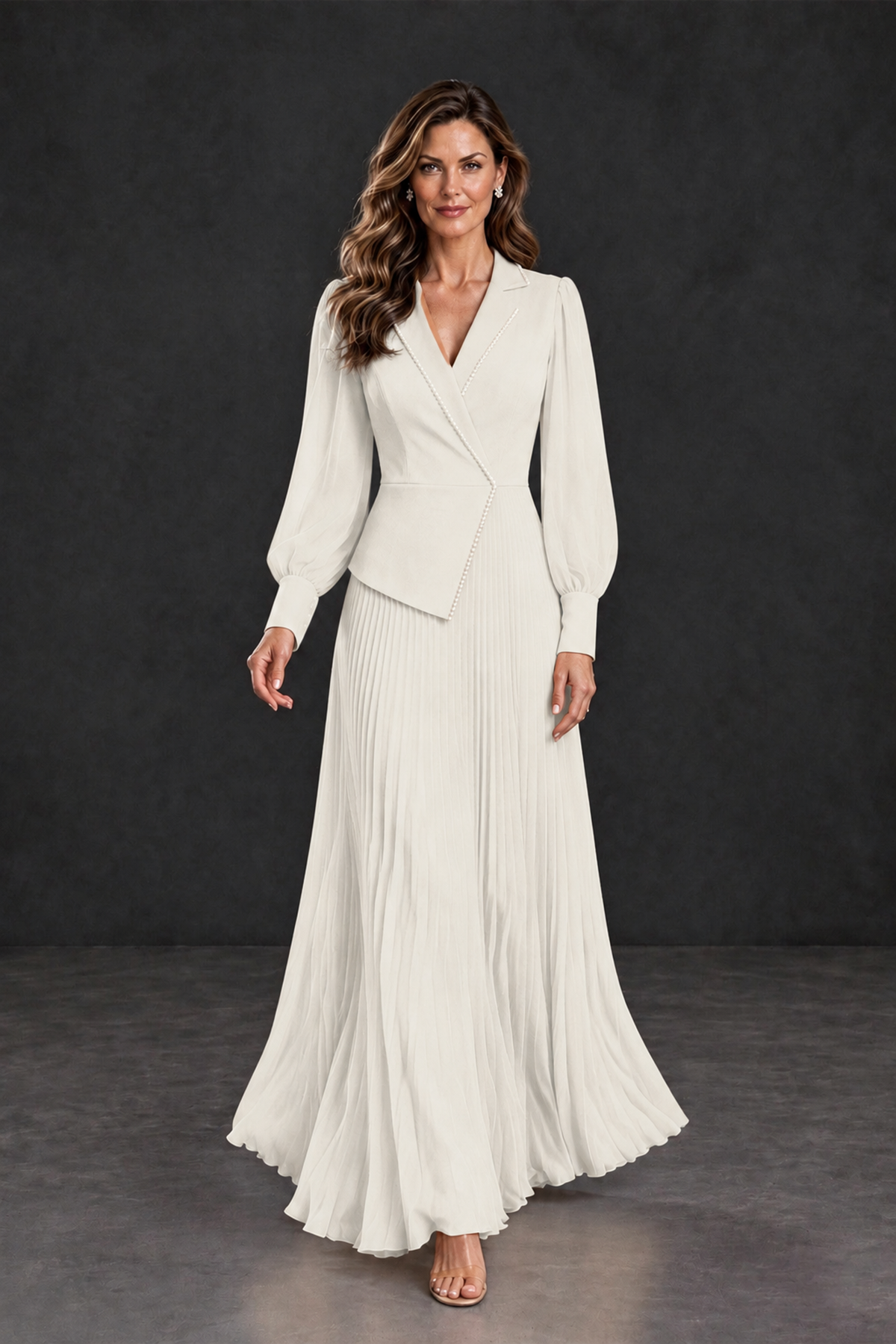 BOLODOO Ivory Long Sleeve Pleated Mother of the Bride Dress - Ivory - Ivory_4