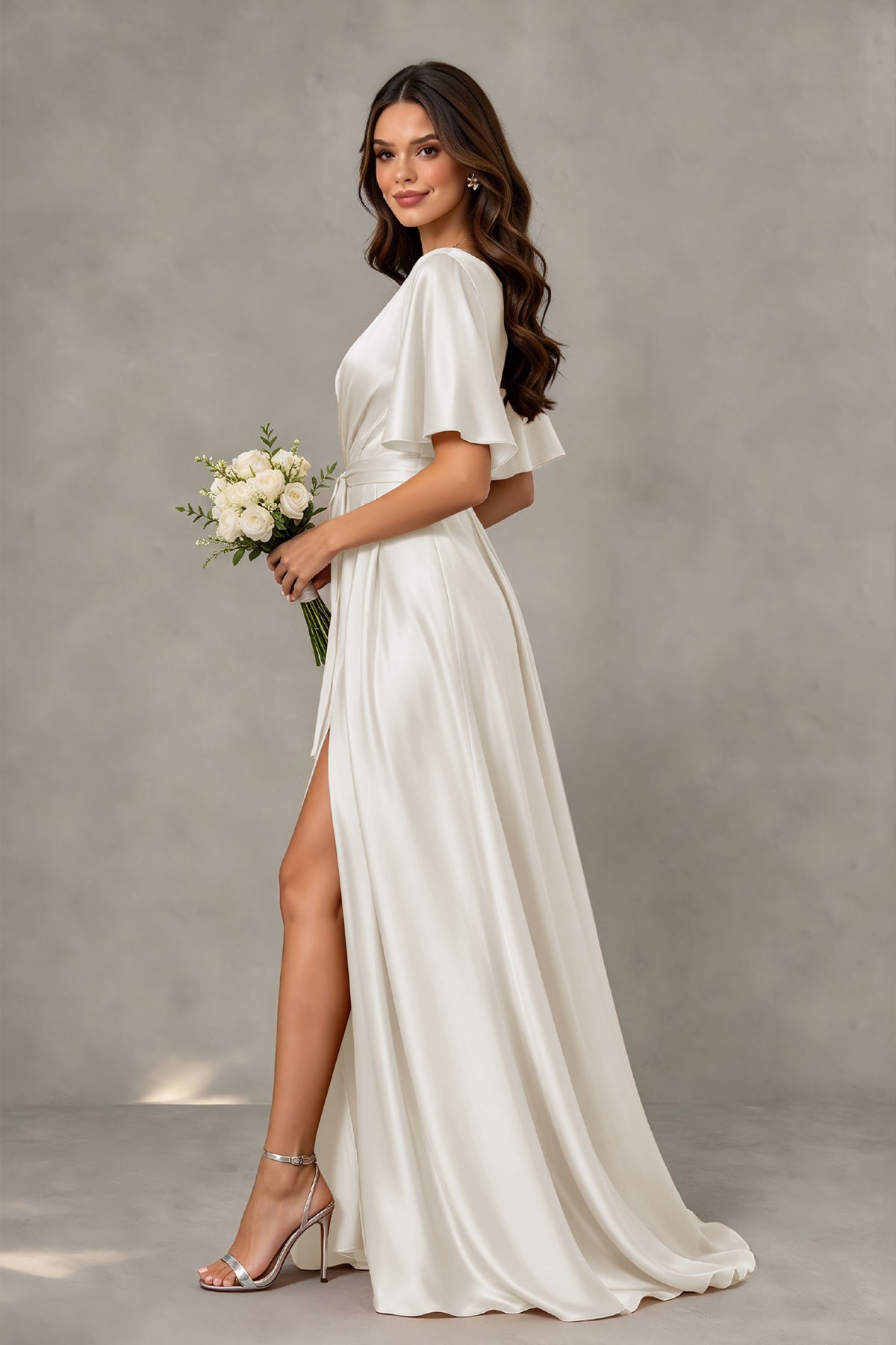 BOLODOO Ivory Satin V-Neck Flutter Sleeve Bridesmaid Dress with Slit - Ivory - Ivory(4)