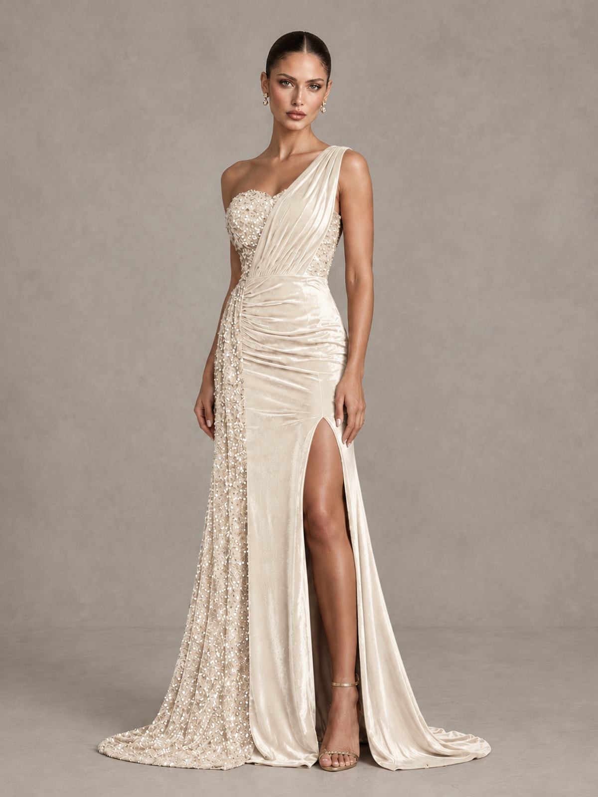BOLODOO Ivory One-Shoulder Satin Sequin Gown with High Slit - Ivory - Ivory_4