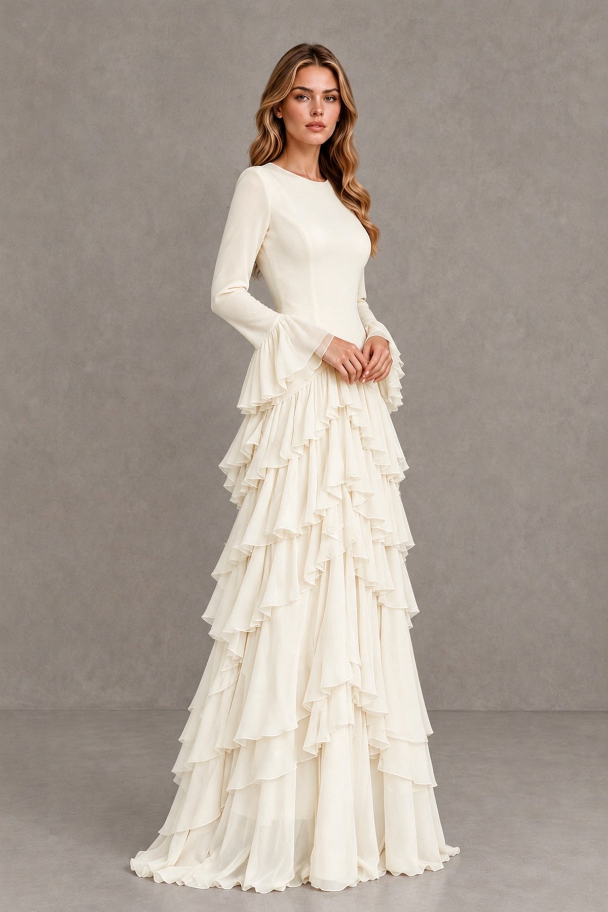 Ivory Long Sleeve Tiered Ruffle Evening Gown - Ivory - Ivory_4