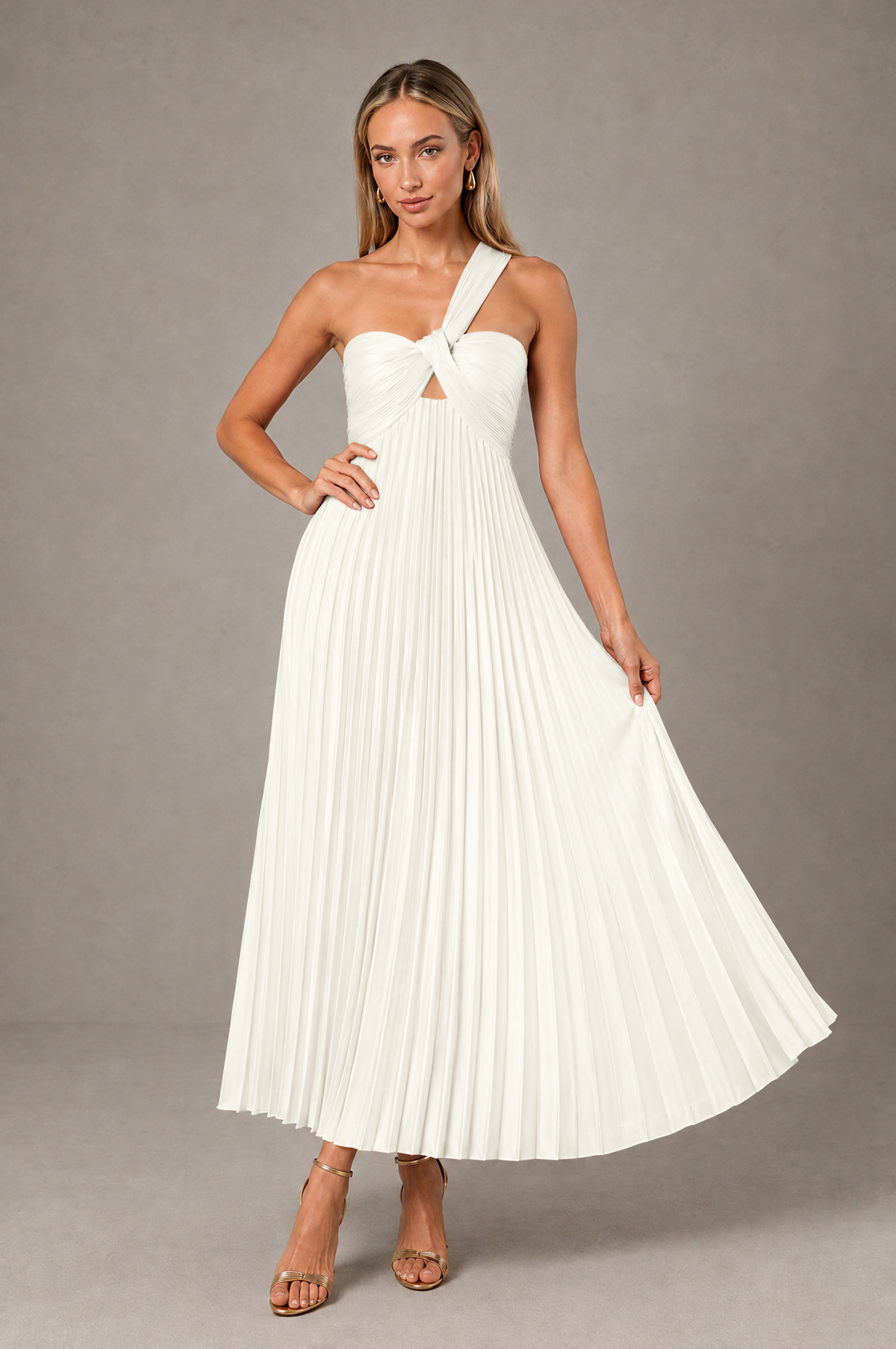 BOLODOO Ivory One-Shoulder Twist Knot Pleated Satin Midi Dress with Cutout - Ivory - Ivory_4