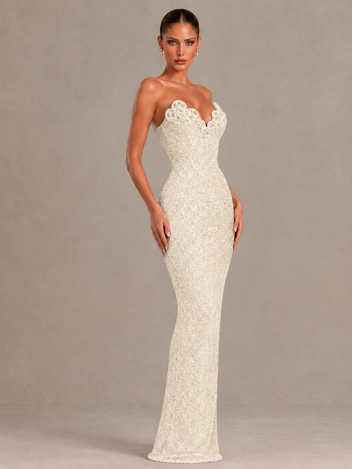BOLODOO Ivory Strapless Sequin Evening Gown with Floral Neckline - Ivory - Ivory_4