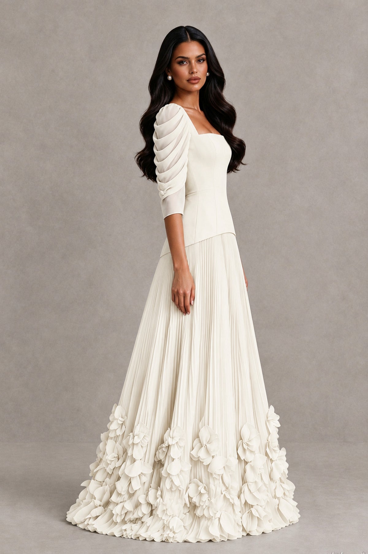 BOLODOO Ivory Square Neck Pleated Floral Applique Evening Dress - Ivory - Ivory_4