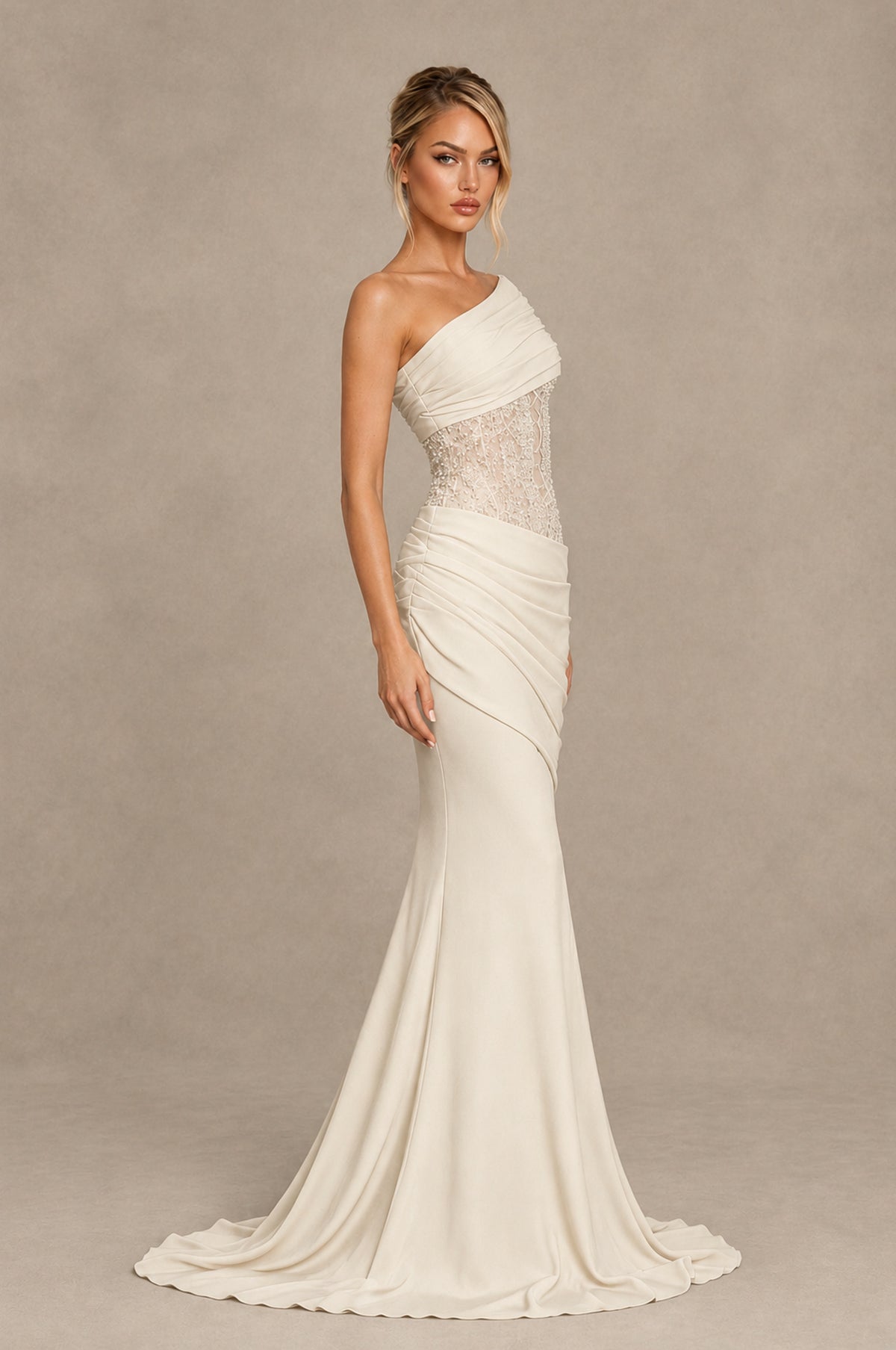 BOLODOO Ivory One-Shoulder Sequin Embroidered Ruched Mermaid Gown with Train - Ivory - Ivory_4
