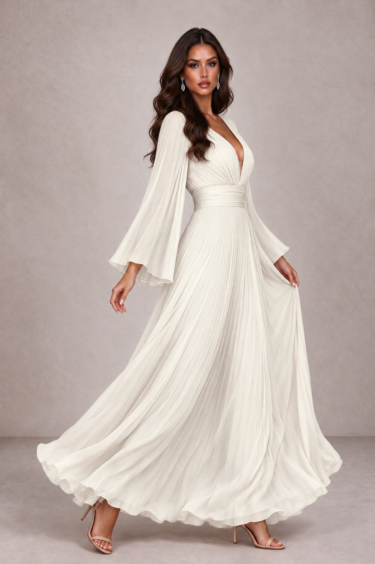 BOLODOO Ivory Pleated Deep V-Neck Long Bell Sleeve Evening Dress - Ivory - Ivory_4