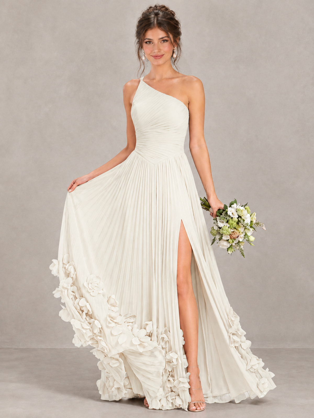 BOLODOO Ivory One-Shoulder Pleated Bridesmaid Dress with 3D Floral Hem - Ivory - Ivory_4