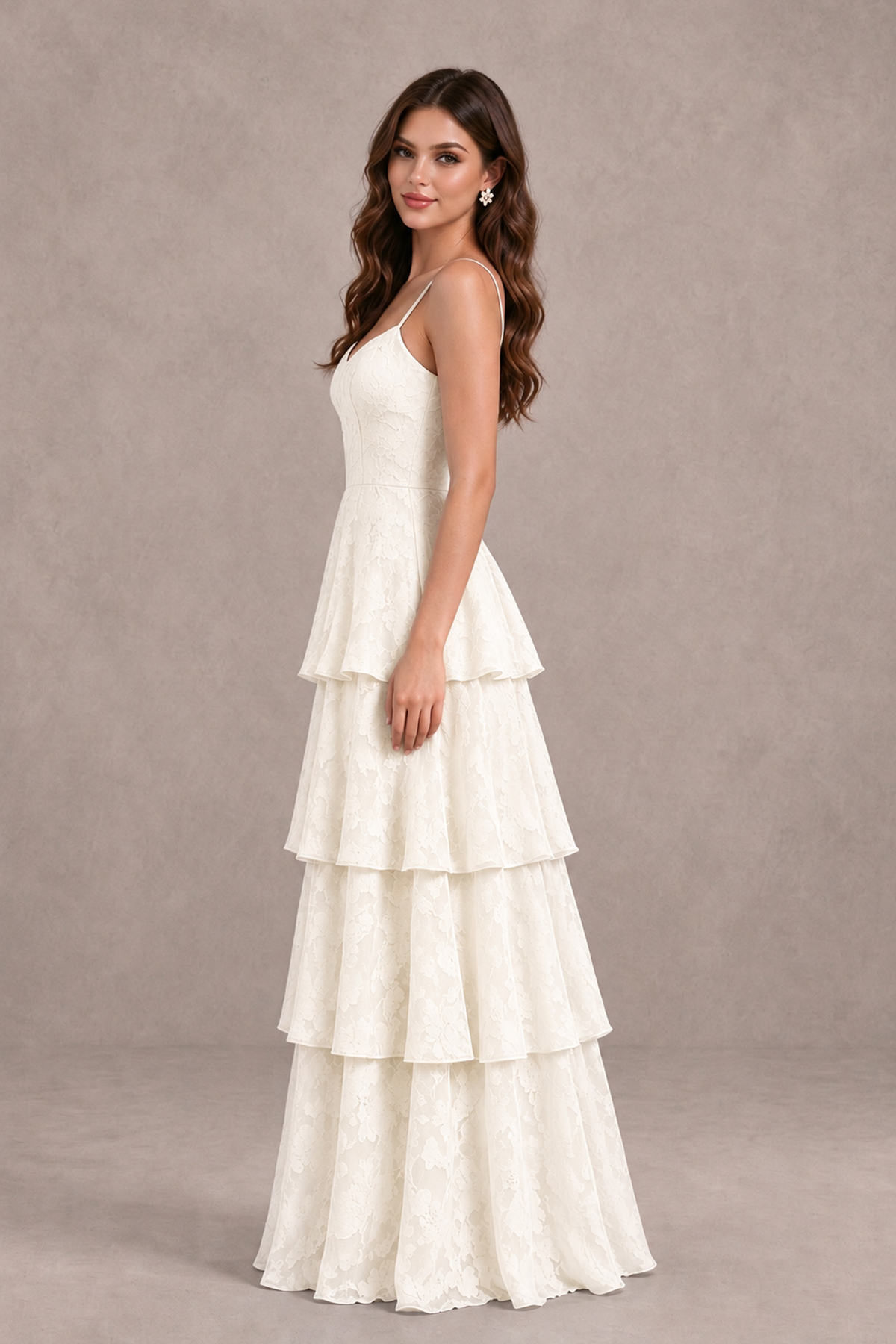 BOLODOO Ivory Tiered Floral-Textured Spaghetti Strap Maxi Dress - Ivory - Ivory_4