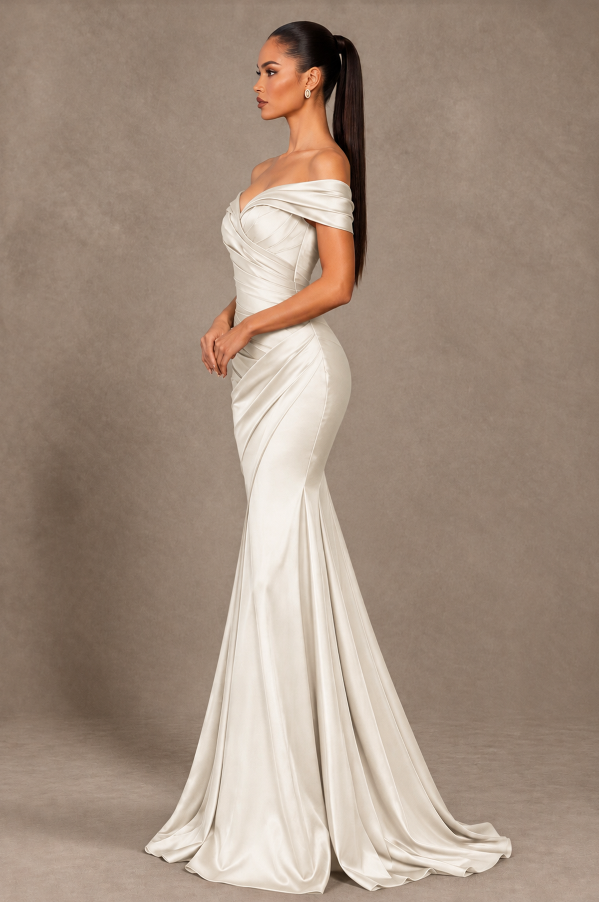 BOLODOO Ivory Off-the-Shoulder Ruched Satin Mermaid Evening Dress - Ivory - Ivory_4