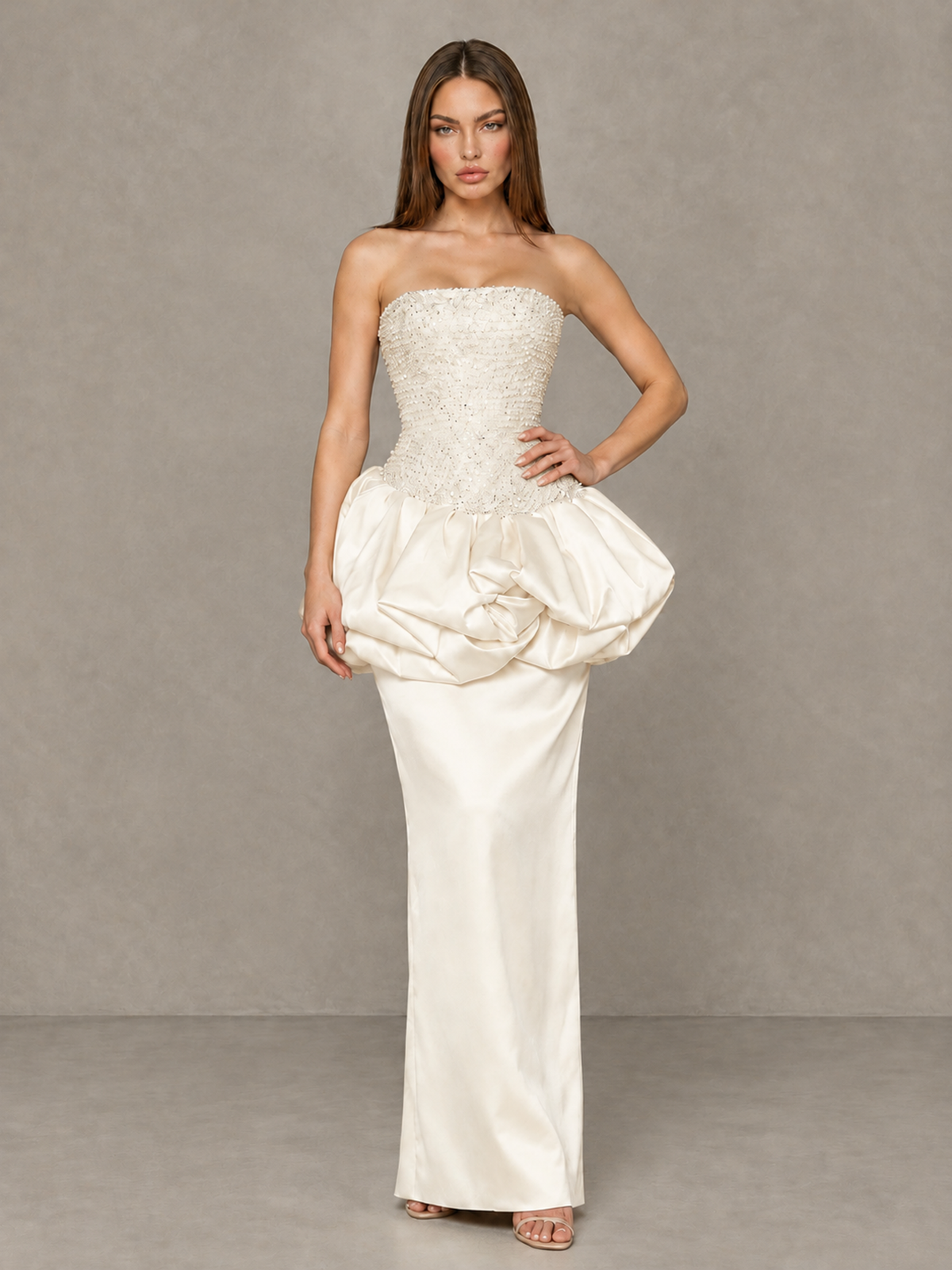 BOLODOO Ivory Strapless Embellished Bubble Peplum Evening Dress - Ivory - Ivory_4