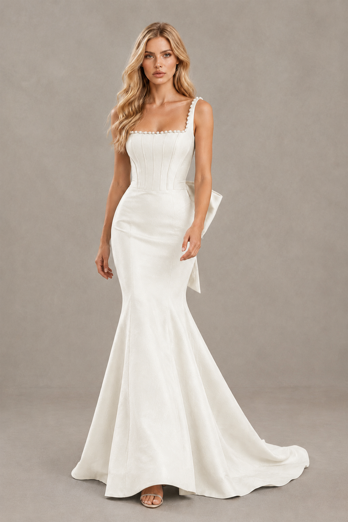 BOLODOO Ivory Pearl-Trim Mermaid Prom Dress with Back Bow - Ivory - Ivory_4