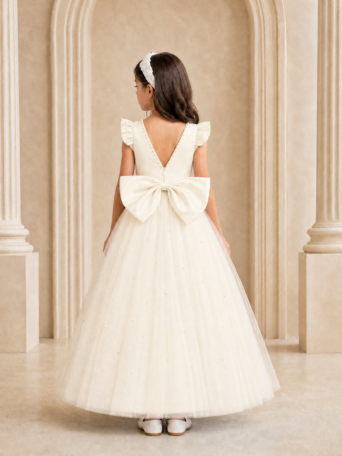 BOLODOO Ivory Tulle Flower Girl Dress with Ruffle Sleeves & Bow Back - Ivory - Ivory_4