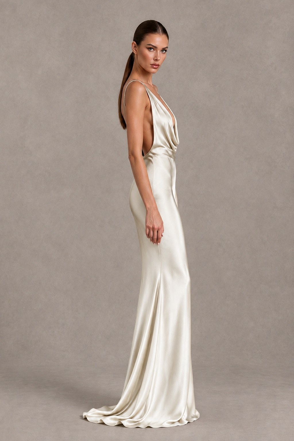 BOLODOO Ivory Cowl Neck Backless Satin Mermaid Evening Dress - Ivory - Ivory_4