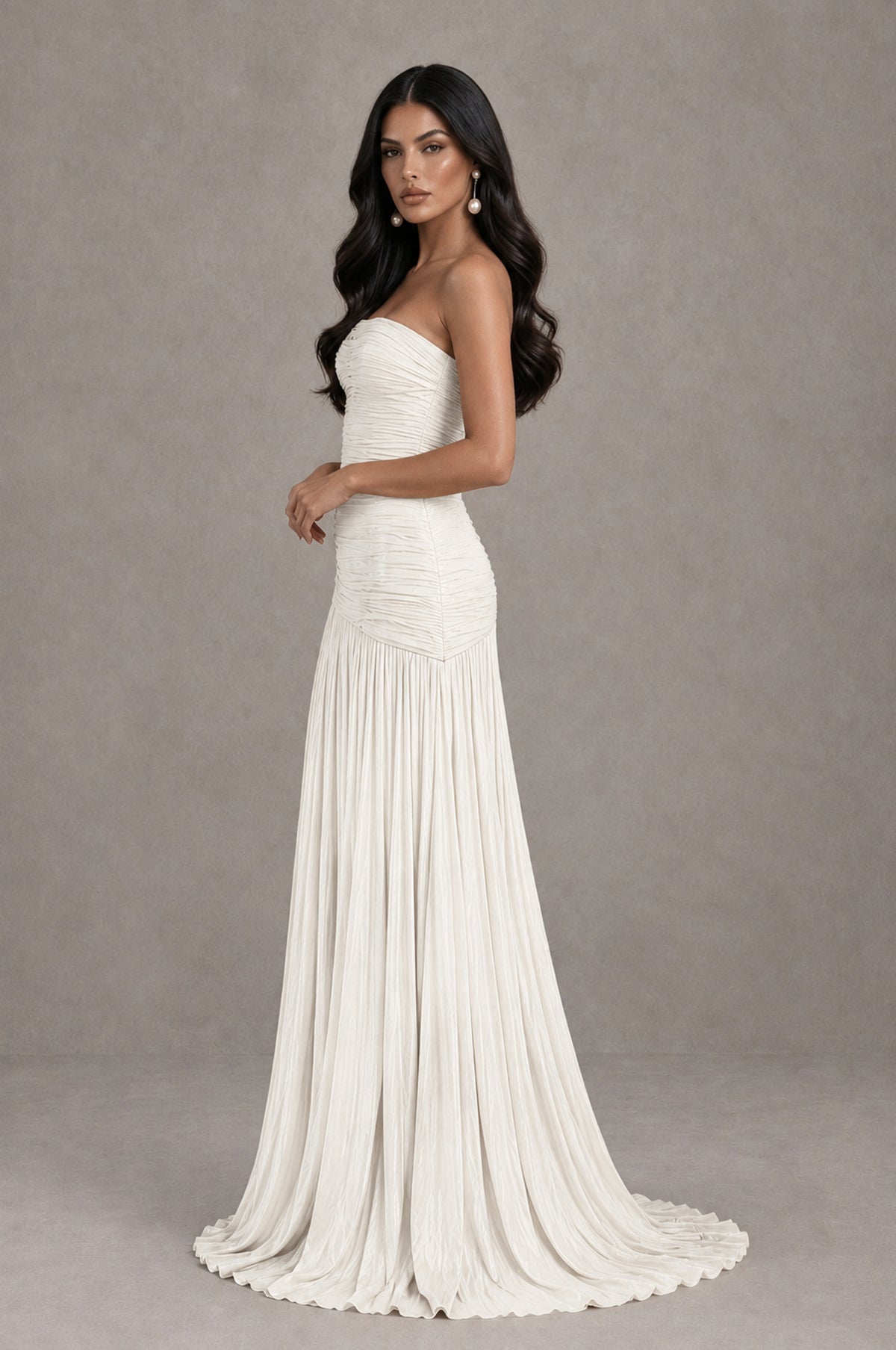 BOLODOO Ivory Metallic Ruched Strapless Pleated A-Line Backless Maxi Dress with Train - Ivory - Ivory_4