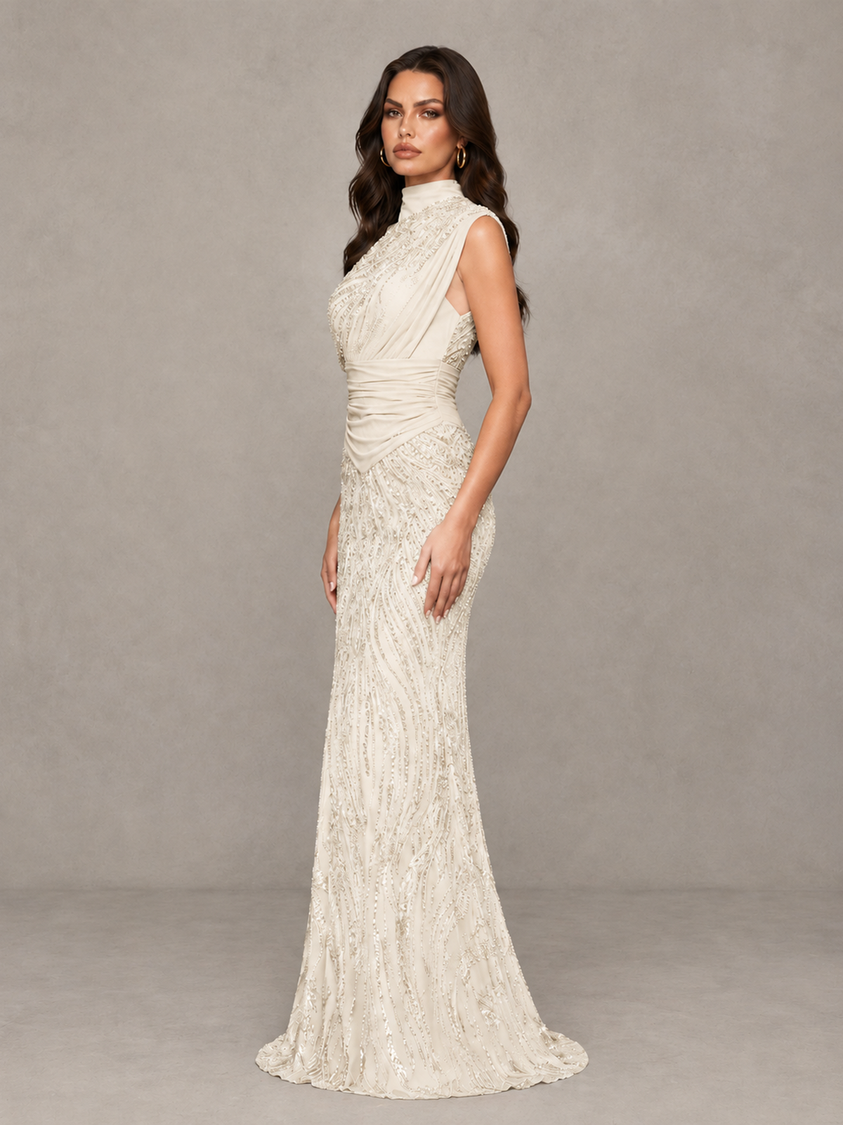 BOLODOO Ivory High Neck Draped Sequin Mermaid Evening Gown - Ivory - Ivory_4