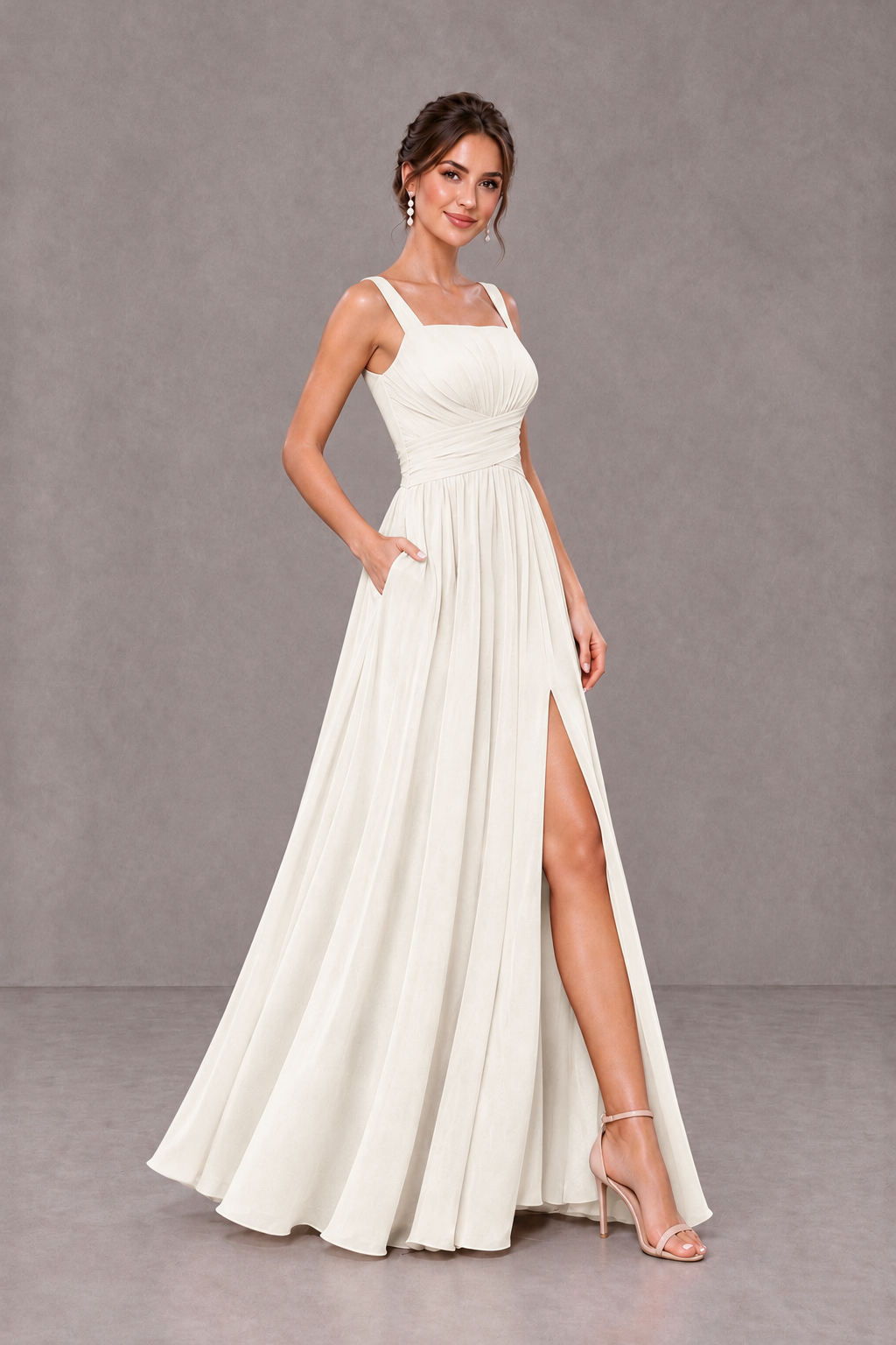 BOLODOO Ivory Square Neck A-Line Bridesmaid Dress with Slit - Ivory - Ivory_4