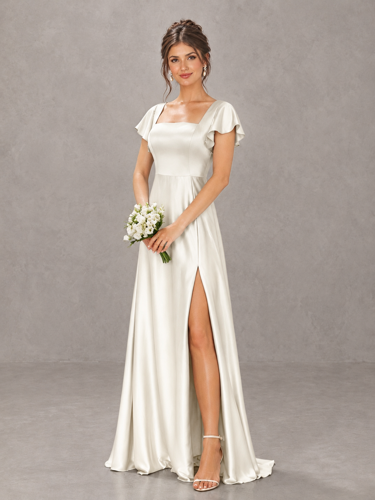 BOLODOO Ivory Satin Square Neck Flutter Sleeve A-Line Bridesmaid Dress with Slit - Ivory - Ivory_4