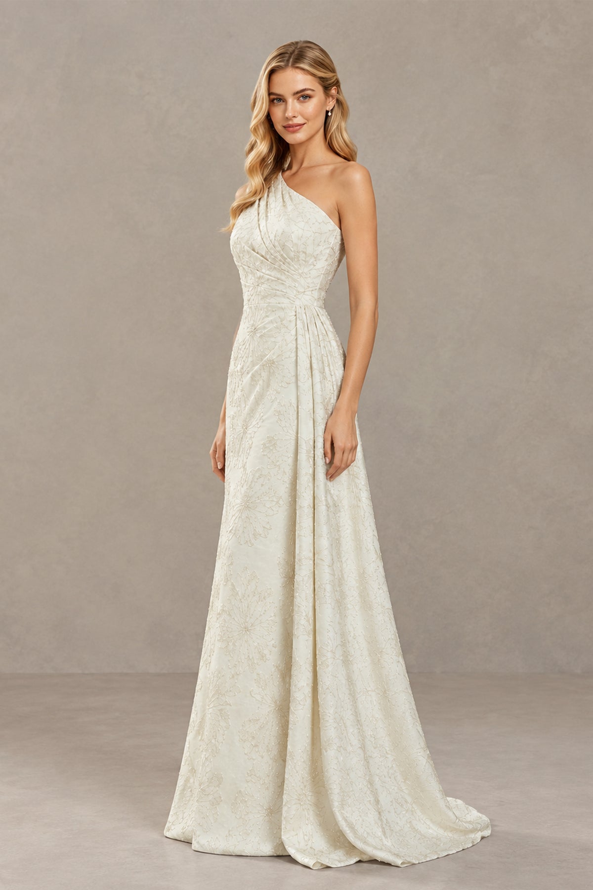 BOLODOO Ivory One-Shoulder Textured Formal Gown - Ivory