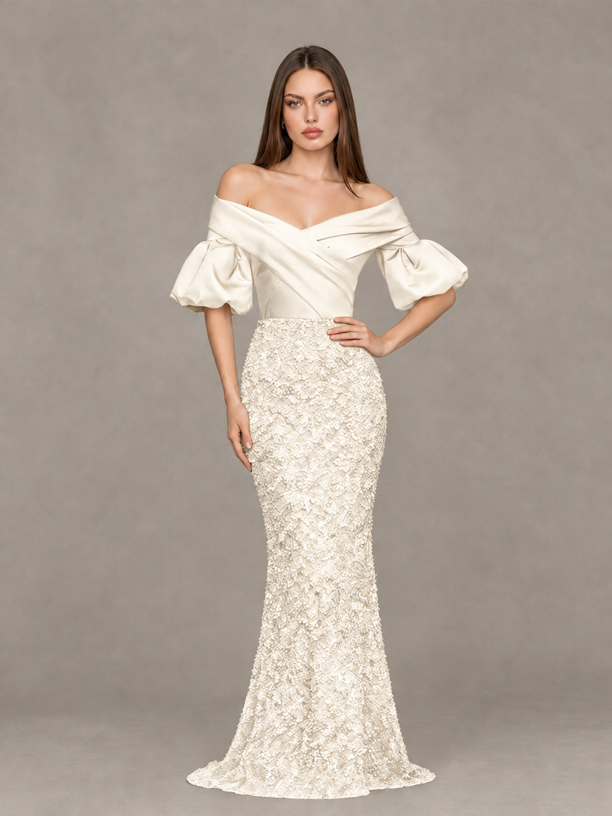 BOLODOO Ivory Off-Shoulder Puff Sleeve Sequin Mermaid Evening Dress - Ivory - Ivory_4