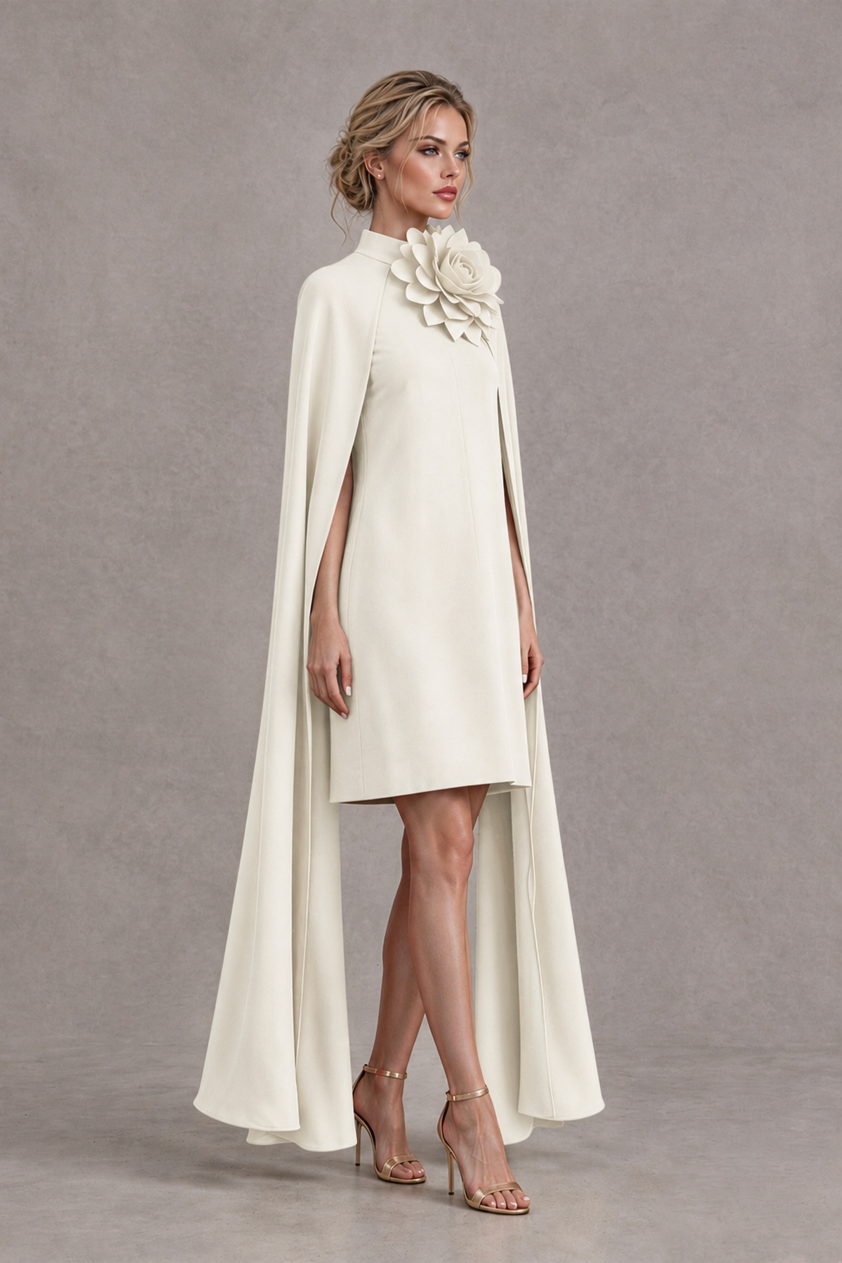 BOLODOO Ivory High Neck Floral Cape Mini Cocktail Dress - Ivory - Ivory_4