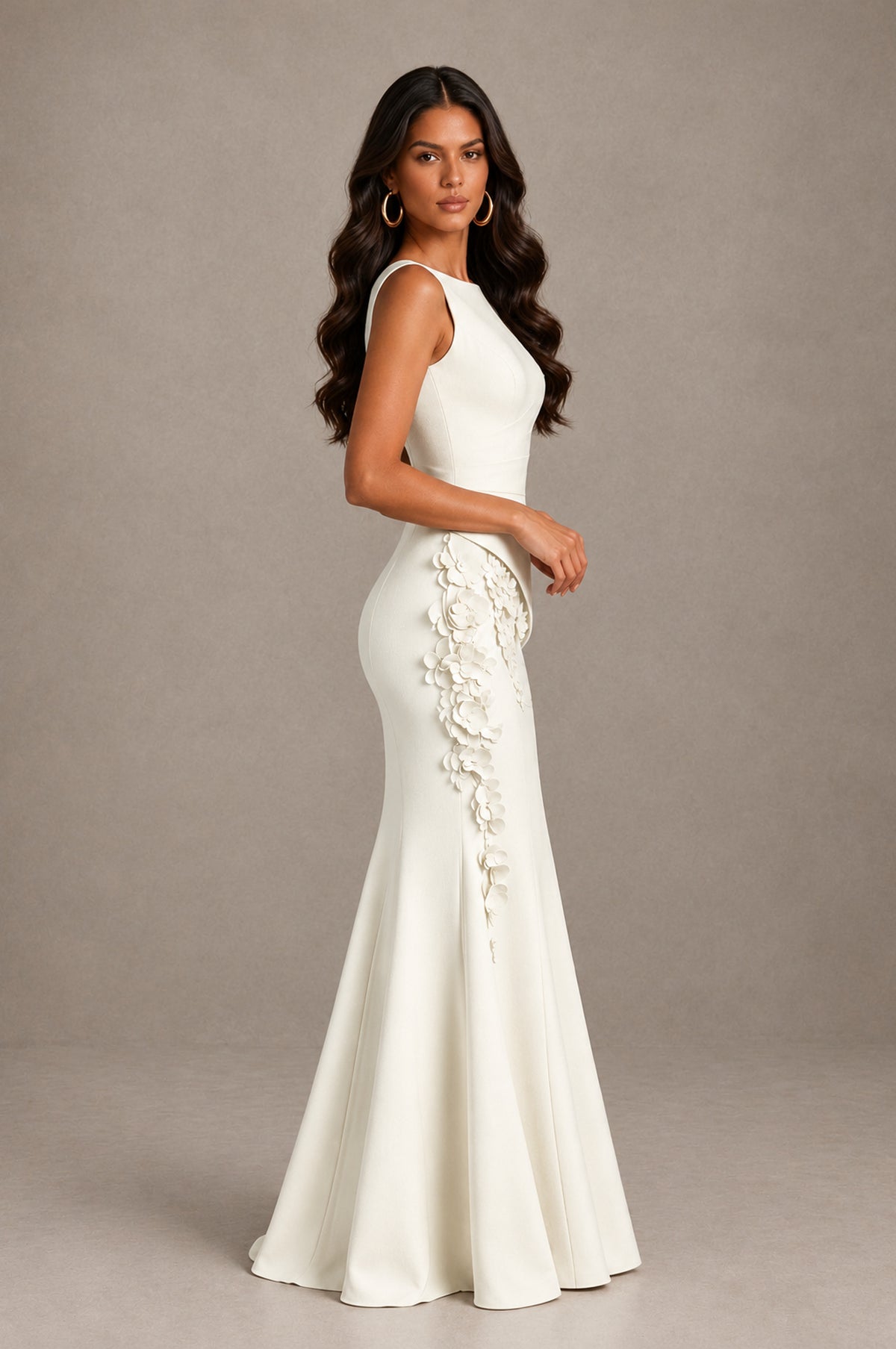BOLODOO Ivory Bateau Neck Sleeveless Asymmetric Peplum 3D Petal Appliqué Mermaid Gown BD0421 - Ivory - Ivory_4