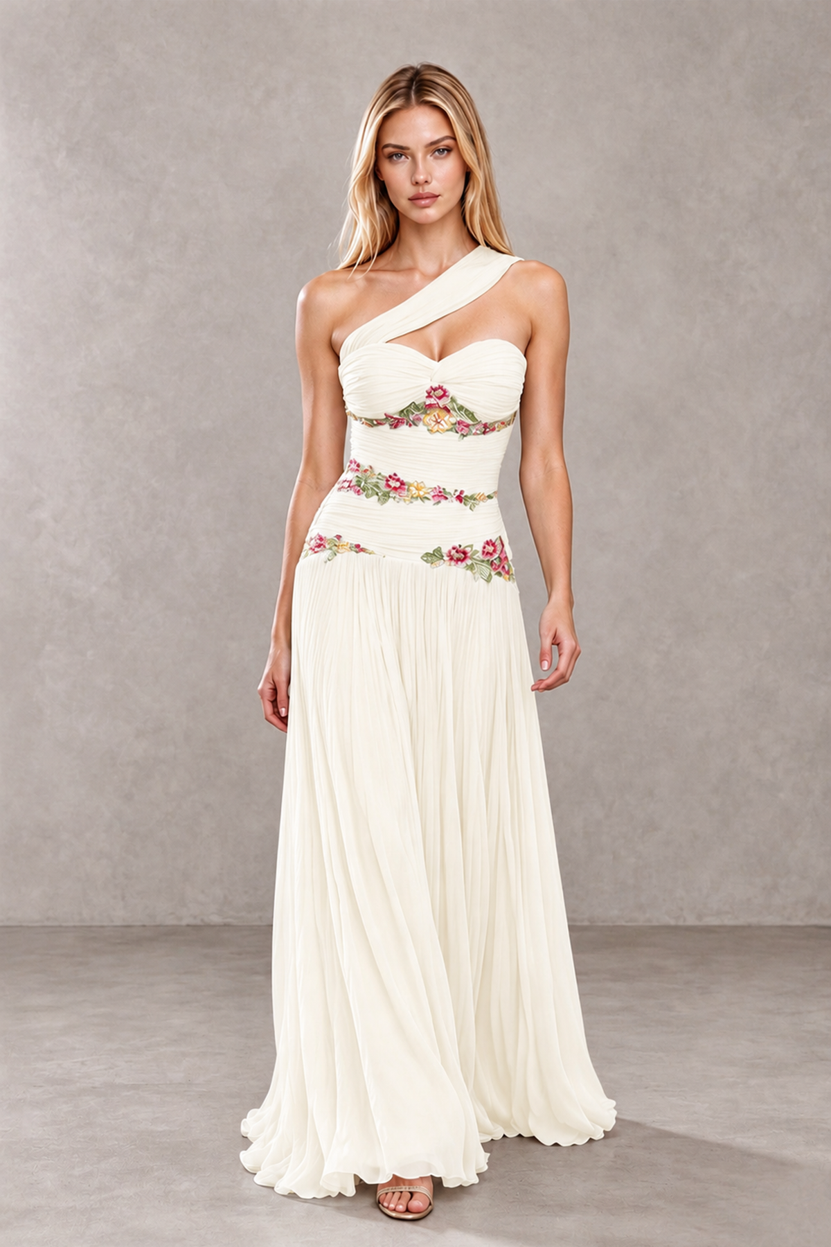 BOLODOO Ivory One-Shoulder Floral Applique A-Line Evening Dress - Ivory - Ivory_4