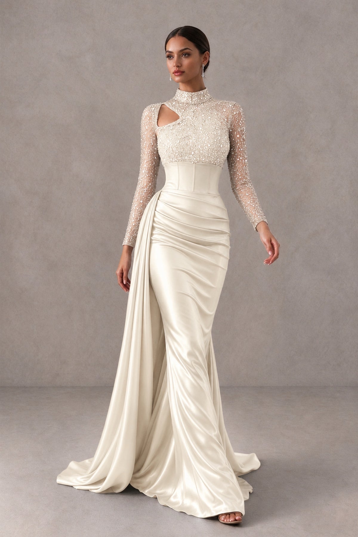 BOLODOO Ivory Long Sleeve Embellished Satin Mermaid Evening Gown - Ivory - Ivory_4