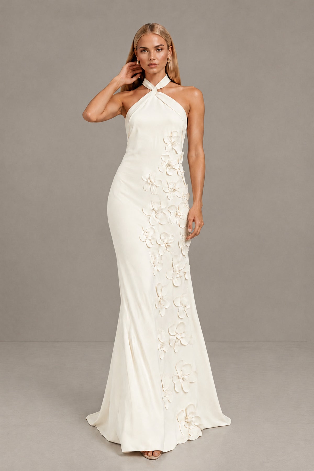 BOLODOO Ivory Cross Halter Neck 3D Floral Appliqué Backless Mermaid Maxi Gown - Ivory - Ivory_4