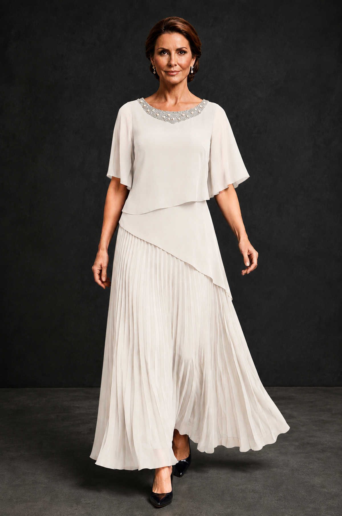 BOLODOO Ivory Pearl Beaded Neck Asymmetric Tiered Flutter Sleeve Pleated Chiffon Maxi Dress - Ivory - Ivory_4