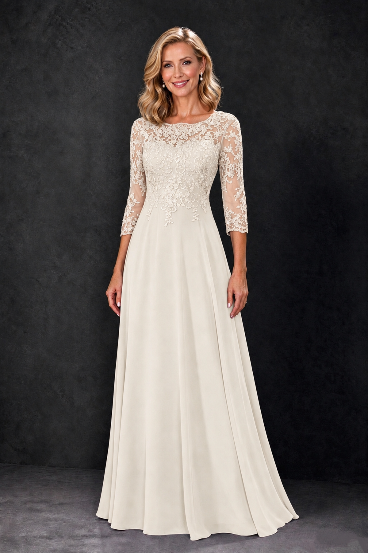BOLODOO Ivory Lace Embroidered Mother of the Bride Dress with 3/4 Sleeves - Ivory - Ivory_4