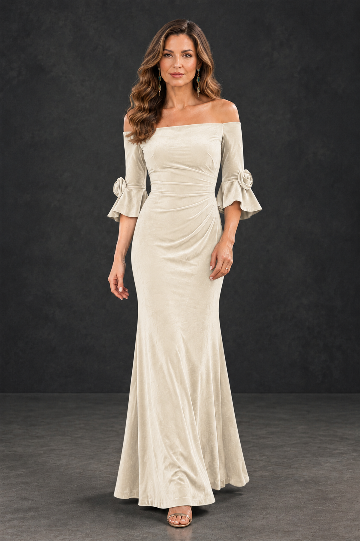 BOLODOO Ivory Velvet Mother of the Bride Dress with Rosette Sleeves - Ivory - Ivory_4