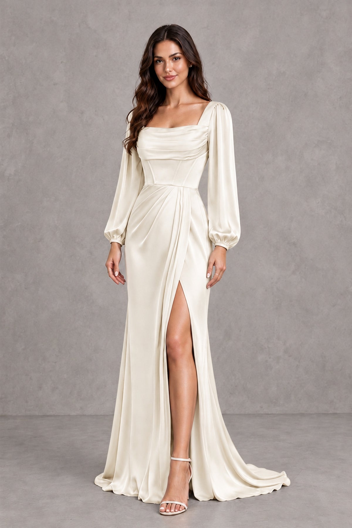 BOLODOO Ivory Satin-Look Long Sleeve Evening Dress with High Slit - Ivory - Ivory_4