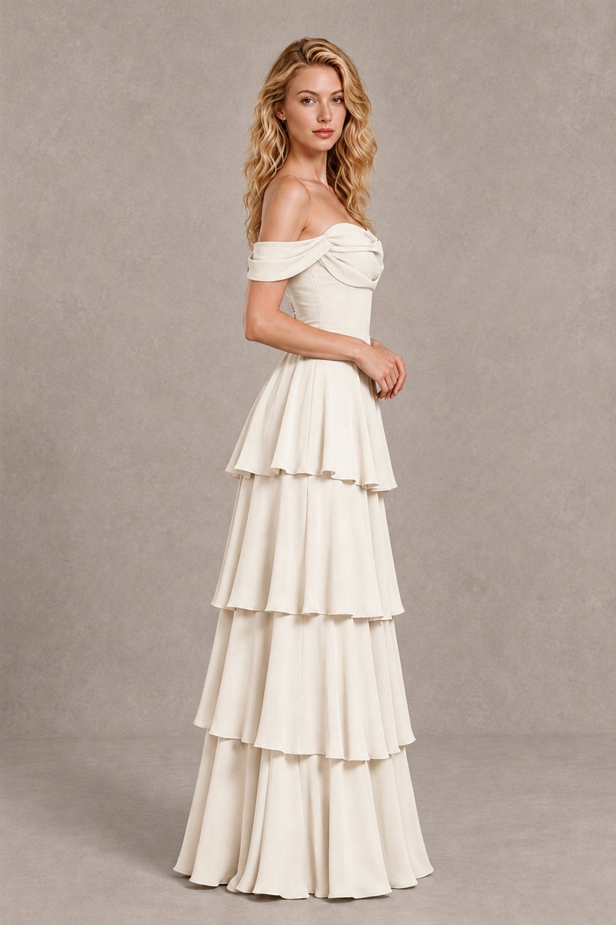 BOLODOO Ivory Off-the-Shoulder Tiered A-Line Evening Bridesmaid Dress - Ivory - Ivory_4