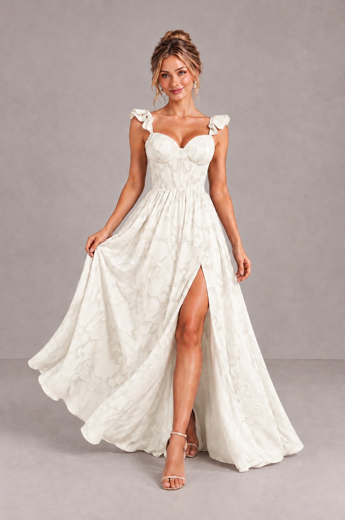 BOLODOO Ivory Floral A-Line Bridesmaid Dress with Slit Ruffle Straps Maxi Gown - Ivory - Ivory_4