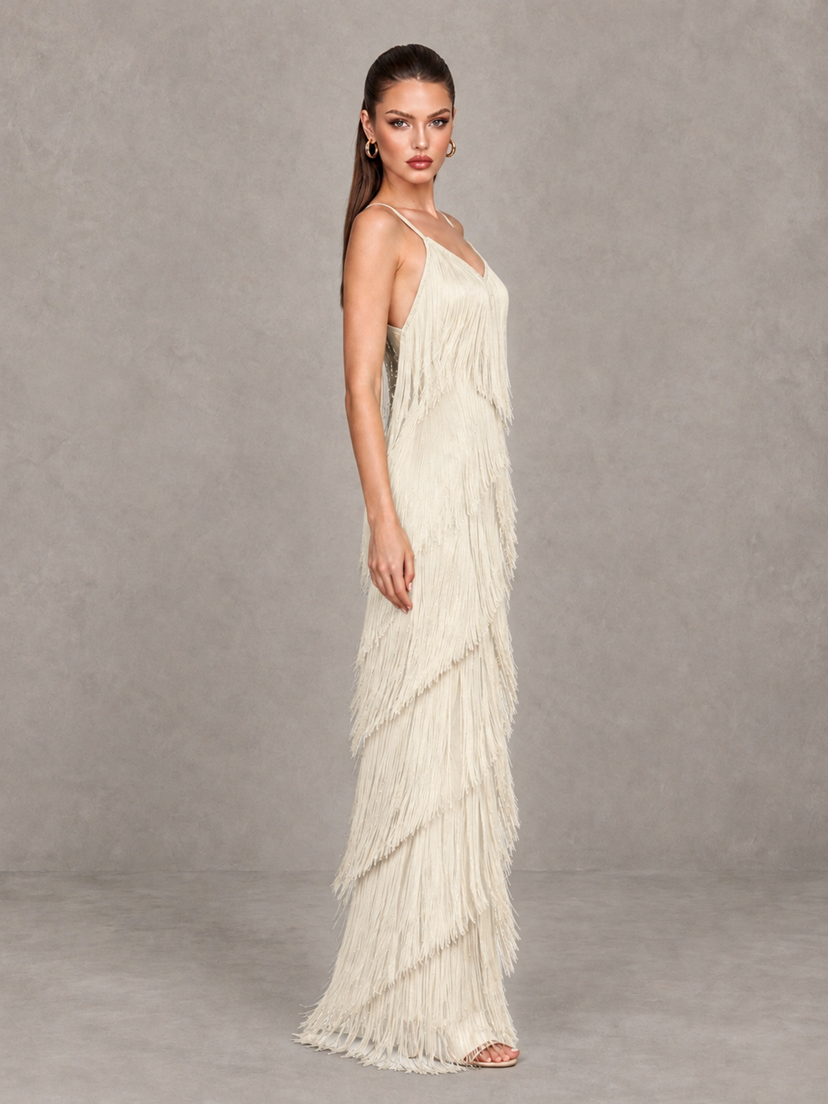 BOLODOO Ivory V-Neck Spaghetti Strap Fringe Maxi Evening Dress - Ivory - Ivory_4