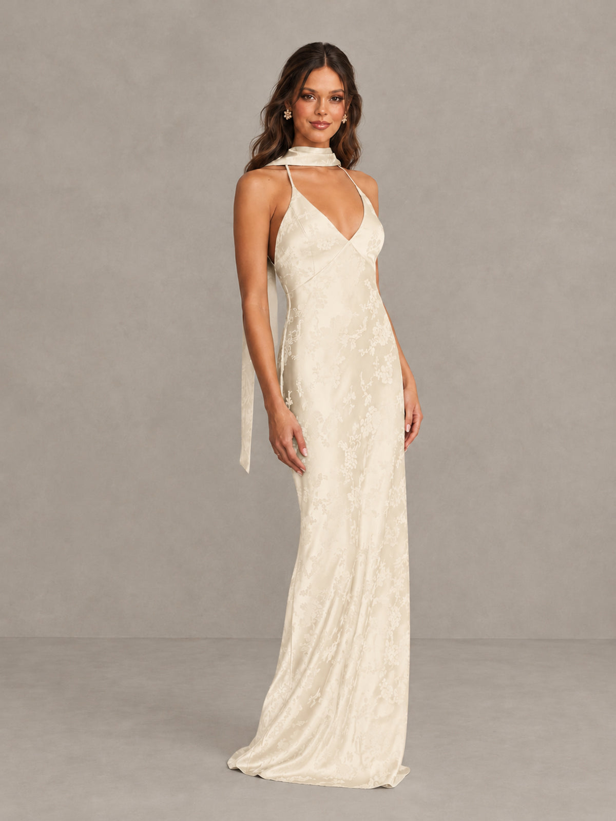 BOLODOO Ivory Floral Satin Open-Back Bridesmaid Dress - Ivory - Ivory_4