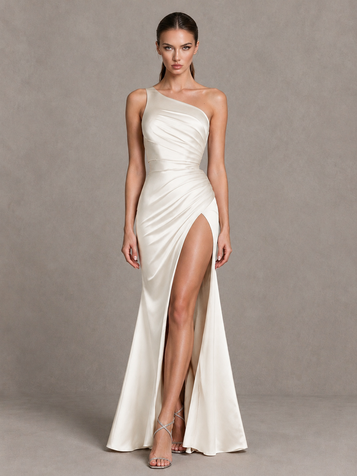 BOLODOO Ivory One-Shoulder Ruched Satin-Look Evening Gown with High Slit - Ivory - Ivory_4
