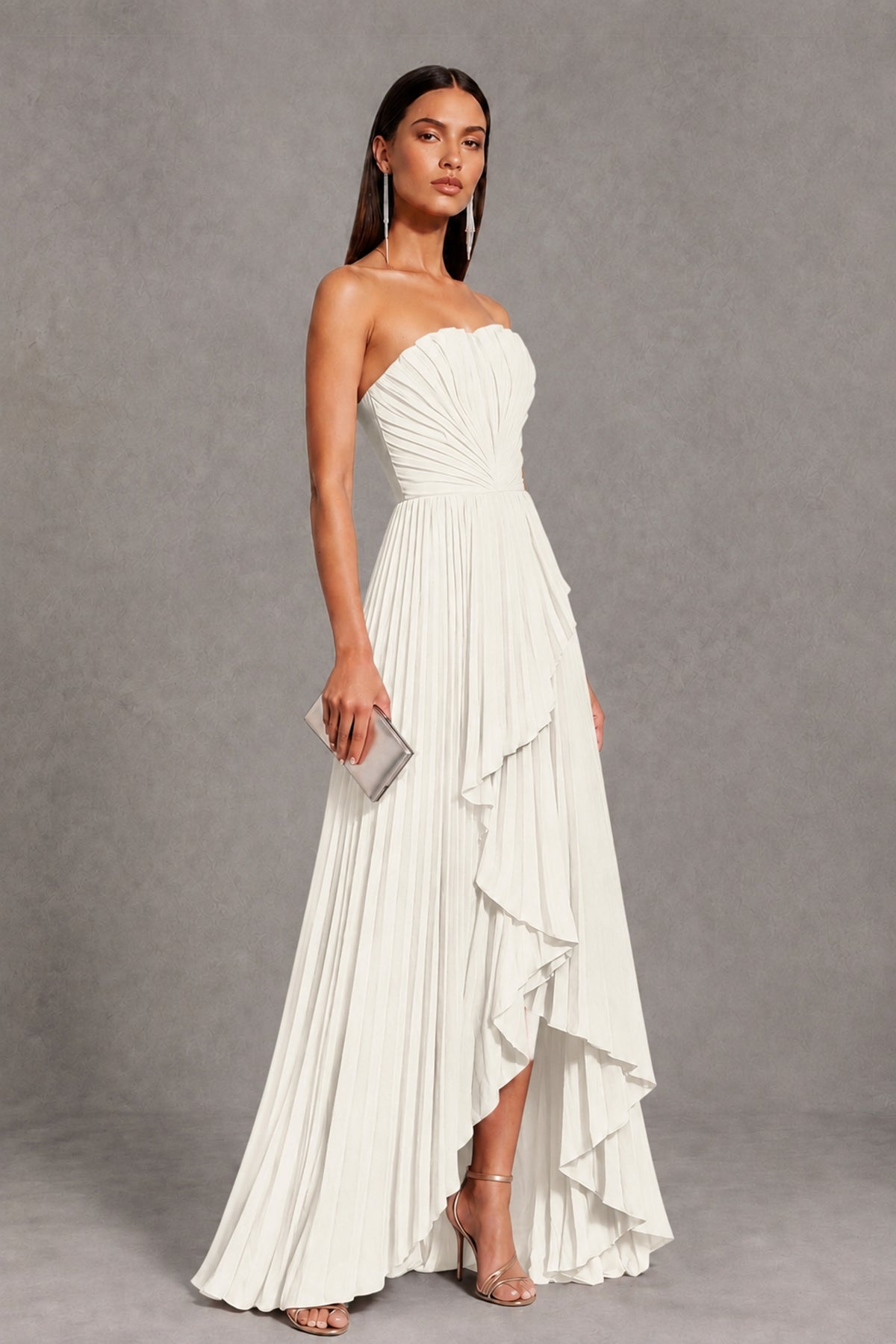 Ivory Strapless Pleated High-Low Evening Gown with Ruffle Hem - Ivory - Ivory_4