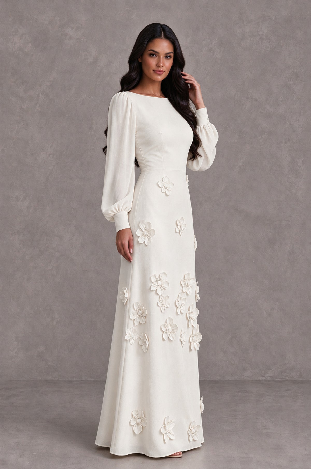 BOLODOO Ivory Long Sleeve Floral Applique A-Line Evening Dress - Ivory - Ivory_4