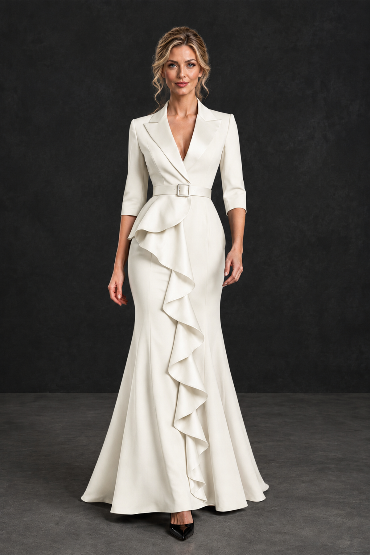 BOLODOO Ivory Lapel Ruffle Mother of the Bride Dress with Belt - Ivory - Ivory_4