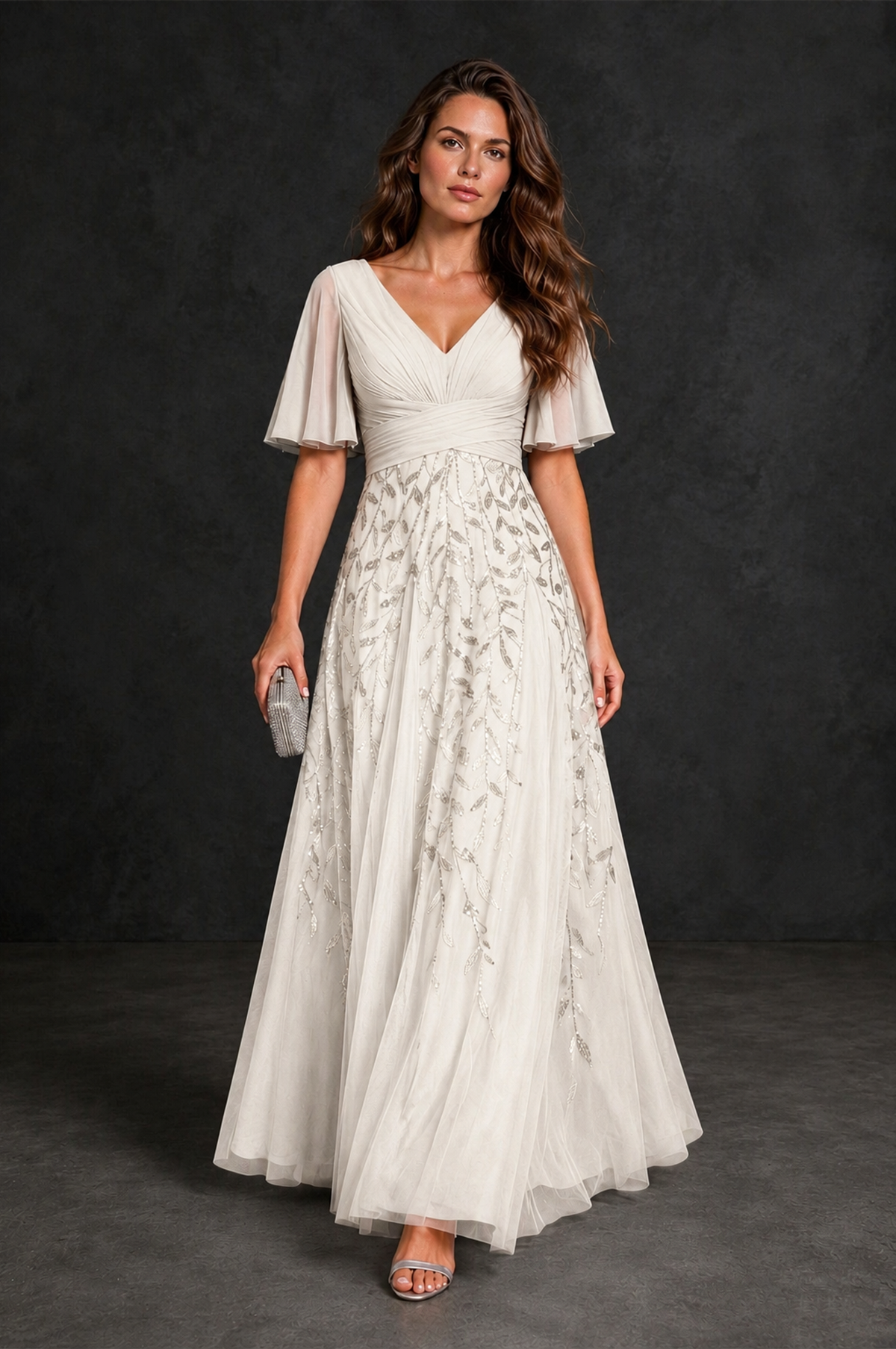 BOLODOO Ivory V-Neck Flutter Sleeve Beaded Botanical Tulle A-Line Gown | Mother of the Bride Evening Dress - Ivory - Ivory_4