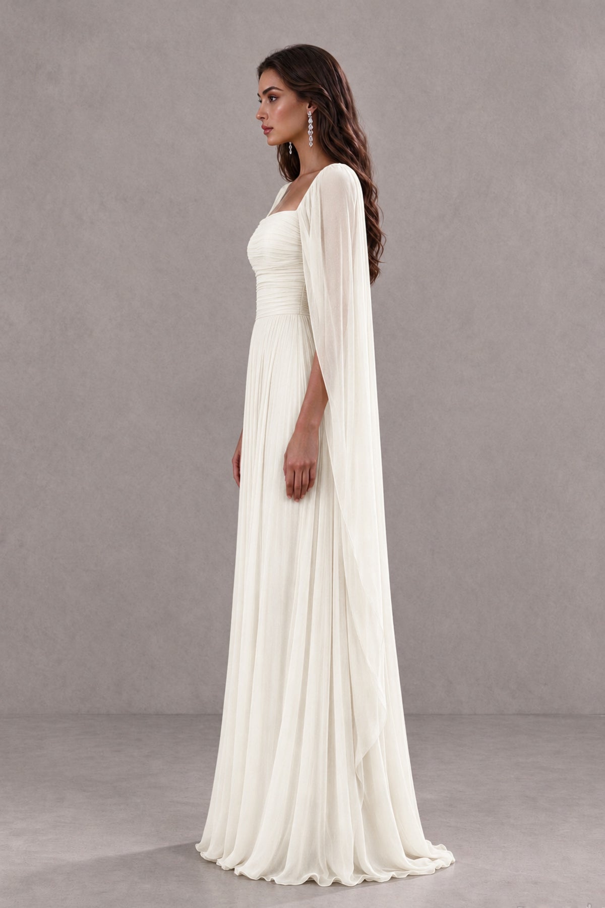 BOLODOO Ivory Square Neck Cape Sleeve A-Line Evening Dress - Ivory - Ivory_4